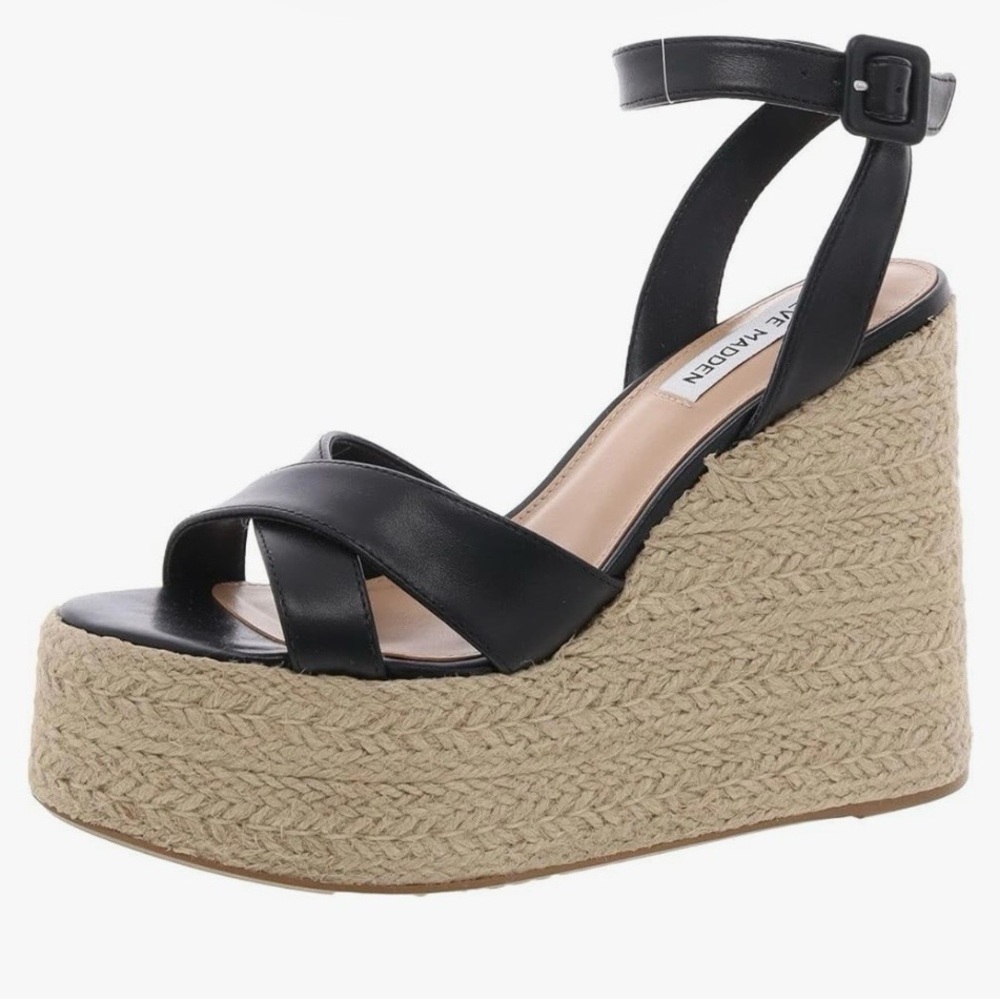 Steve Madden Black Leather Espadrille Platform Wedge Sandal Size 7.5